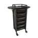 Angled view of Karma Darwin black salon trolley with heat-resistant hair dryer holder