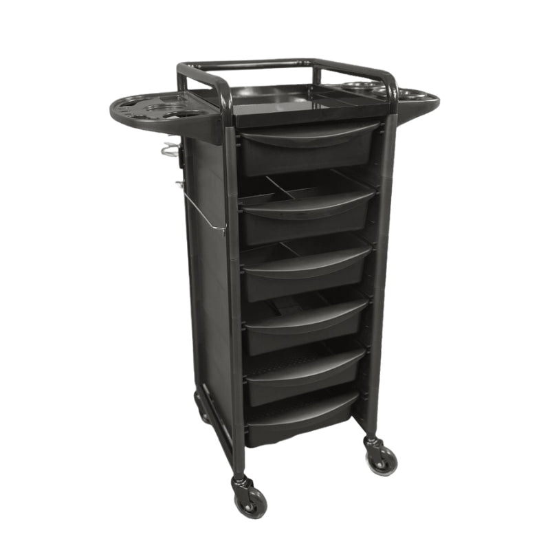 Angled view of Karma Darwin black salon trolley with heat-resistant hair dryer holder