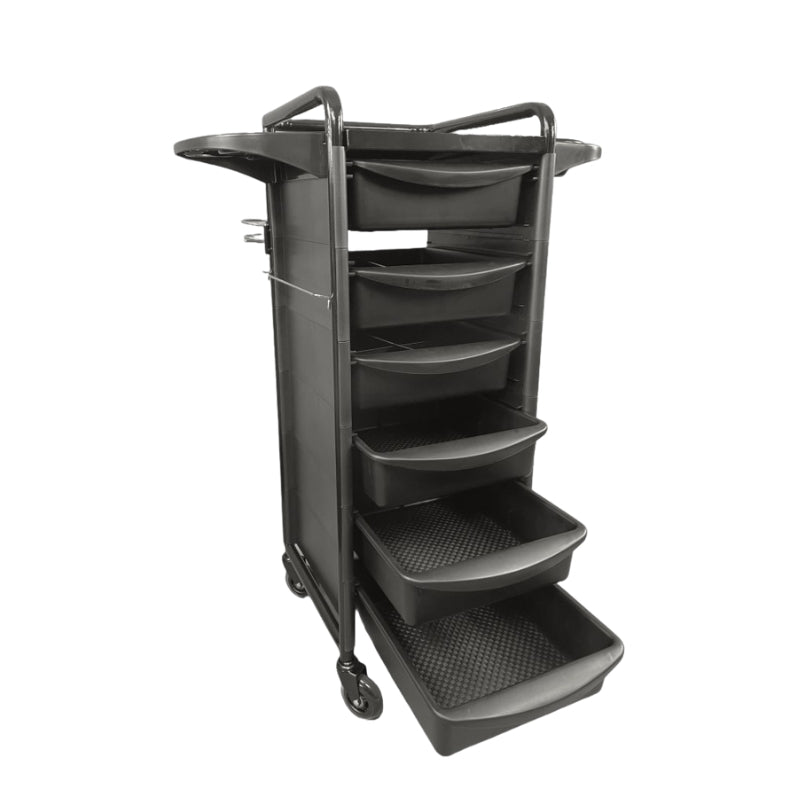 Black Karma Darwin hair salon trolley with drawers pulled out to show storage depth