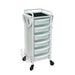 Professional white hairdressing trolley with rubber castors and integrated hairdryer holder