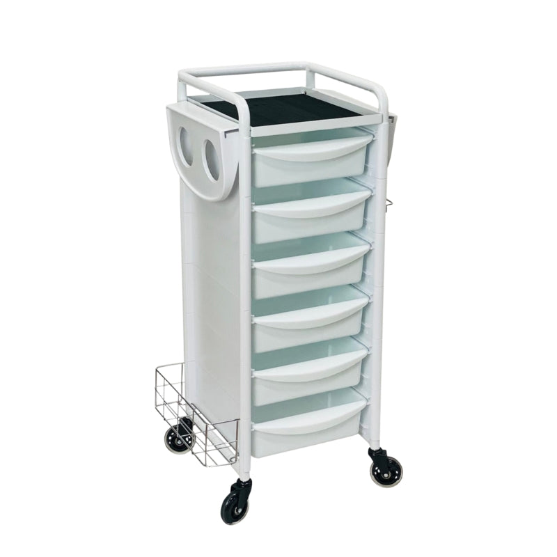 Professional white hairdressing trolley with rubber castors and integrated hairdryer holder