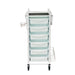 Front view of Karma Darwin white salon trolley showing drawer capacity and steel frame
