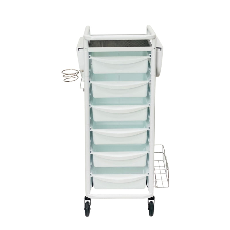 Front view of Karma Darwin white salon trolley showing drawer capacity and steel frame