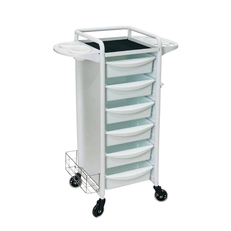 White Karma Darwin hair salon trolley with six drawers and folding side trays