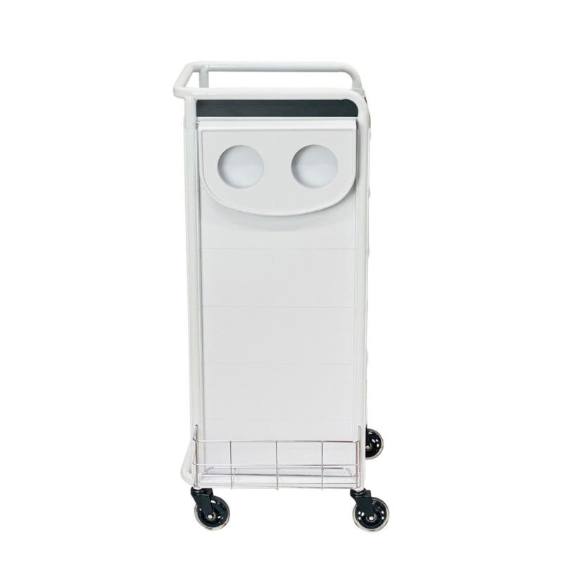 Rear view of the Karma Darwin white salon trolley highlighting the sturdy powder-coated build