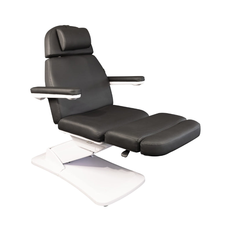 Black Karma Dunedin electric beauty bed in a seated position with armrests for Australian beauty salons