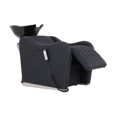 Karma Flemington professional massage shampoo basin unit with black quilted upholstery and reclining footrest