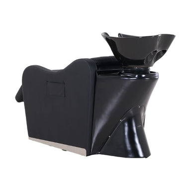 Rear profile of the Karma Flemington shampoo station showing the sturdy black base and ceramic basin