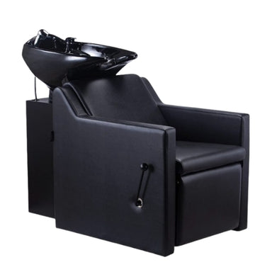 Angled view of the Karma Geelong black salon shampoo station showing the adjustable ceramic basin and side lever