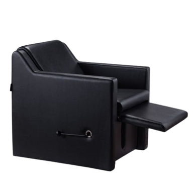 Close up side profile of the Karma Geelong reclining salon chair with the leg rest fully extended for client comfort