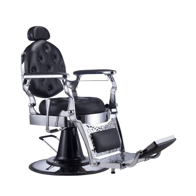 All black professional hydraulic barber chair with chrome detailing