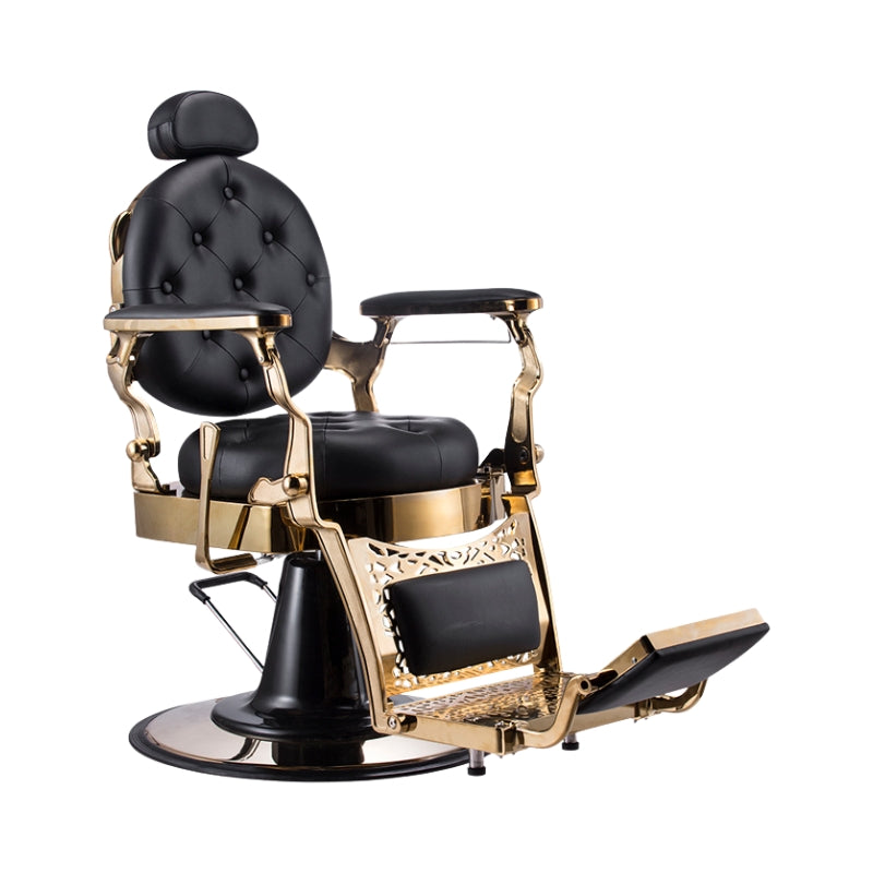 Karma Gold Coast barber chair featuring black upholstery and luxury gold accents