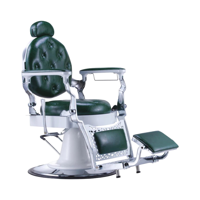 Custom green and white barber chair with chrome base and hydraulic lift