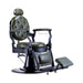 Professional barber chair in olive green with black frame and tufted backrest