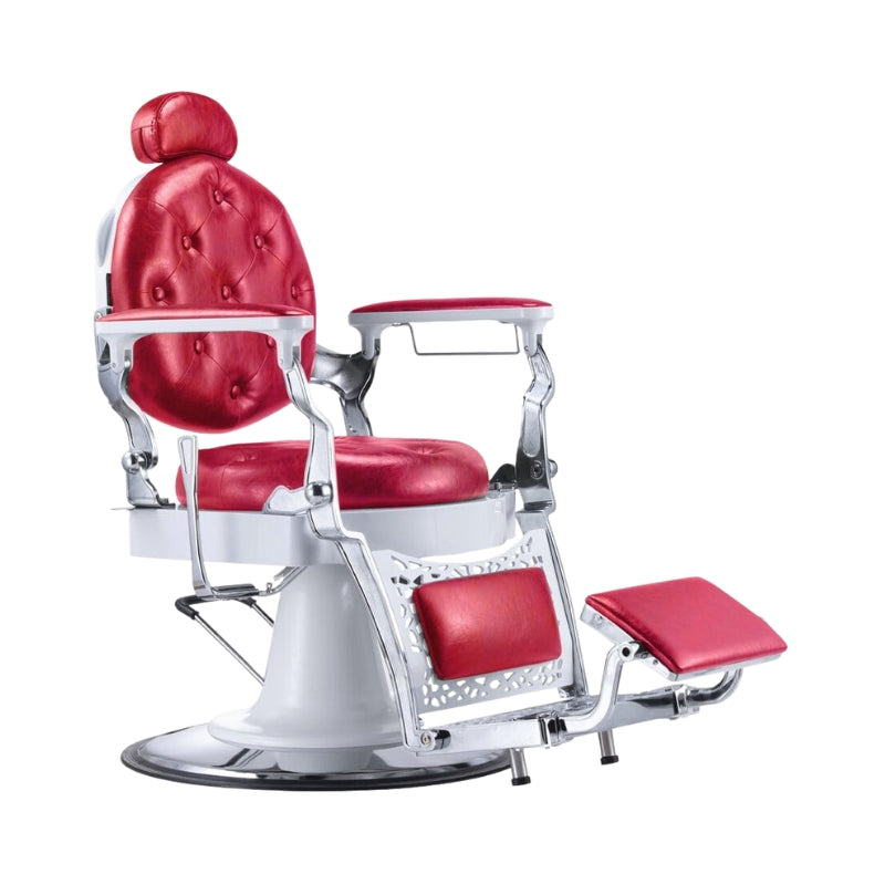 Red and white tufted barber chair with chrome accents and reclining back