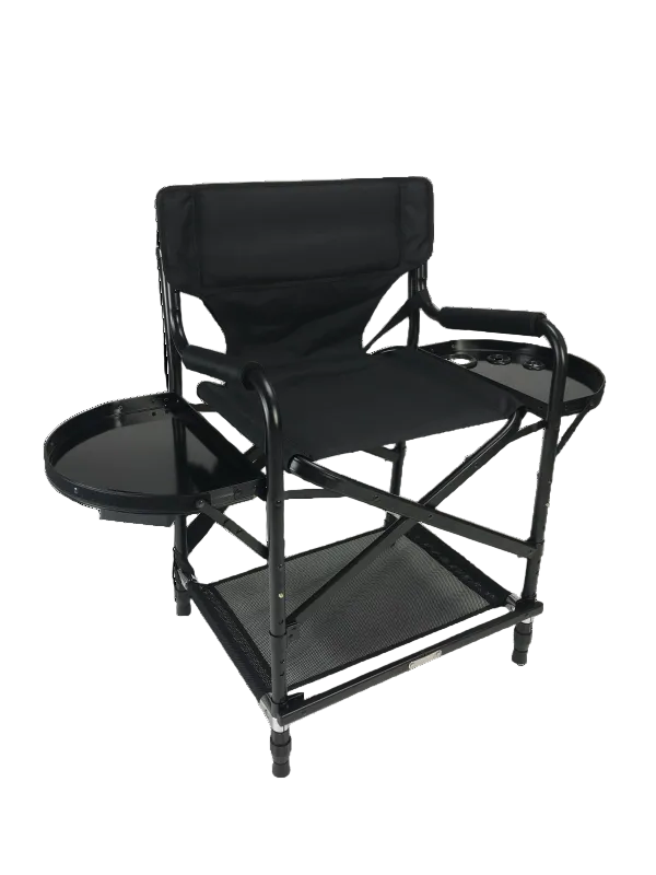 Angled view of professional portable makeup chair with aluminum frame