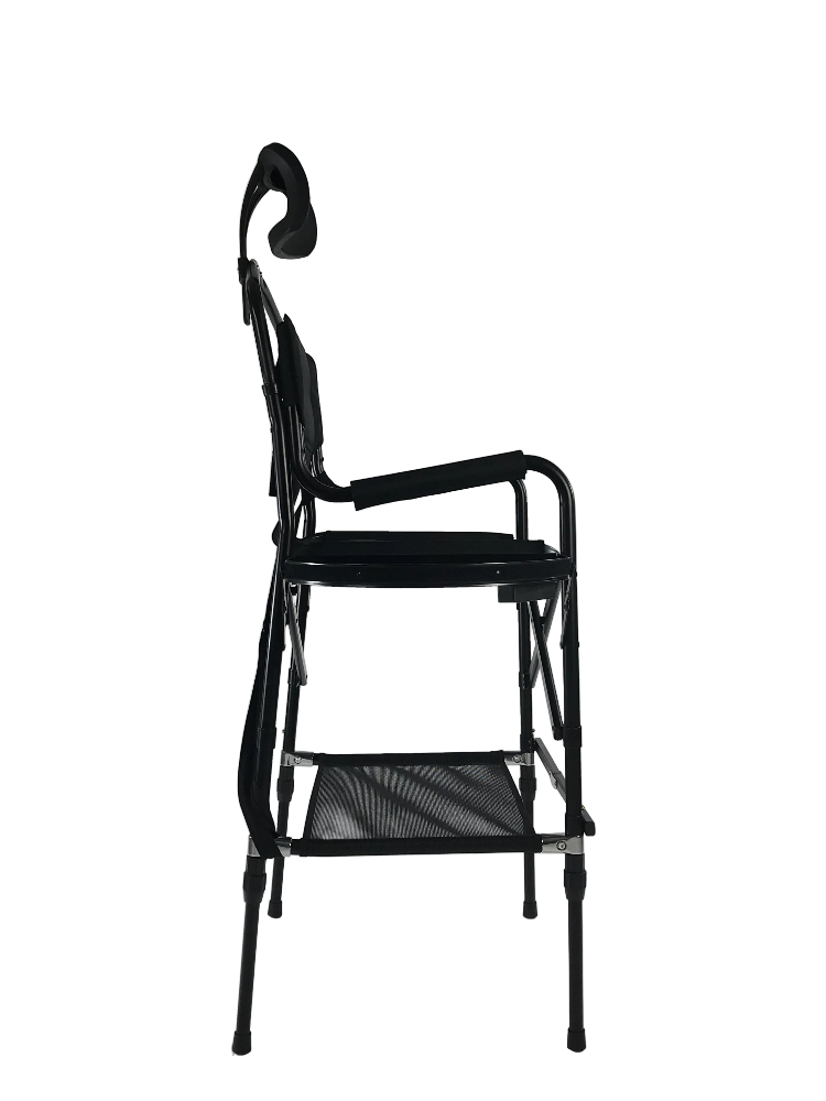 Side profile of height adjustable makeup chair with armrests