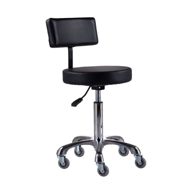 Front view of the Karma Hobart cutting stool with backrest and aluminium base
