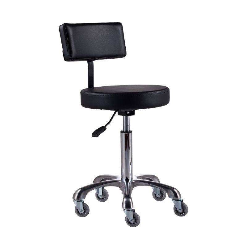 Front view of the Karma Hobart cutting stool with backrest and aluminium base