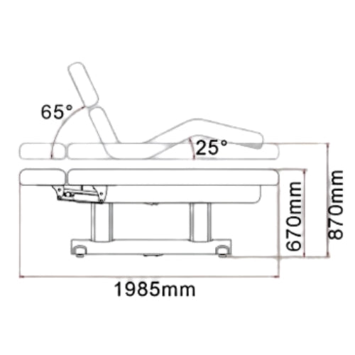Dimension guide for the Karma Hunterville beauty bed showing height range from 670mm to 870mm