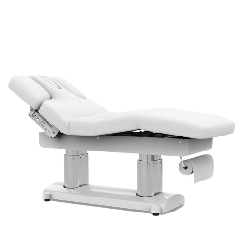 Top view of the white Karma Hunterville beauty bed showing the adjustable headrest and integrated breathing hole