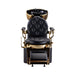 Front view of Karma King Valley shampoo chair showing ornate gold armrests and tufted padding