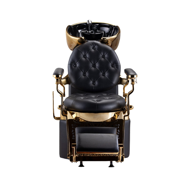 Front view of Karma King Valley shampoo chair showing ornate gold armrests and tufted padding