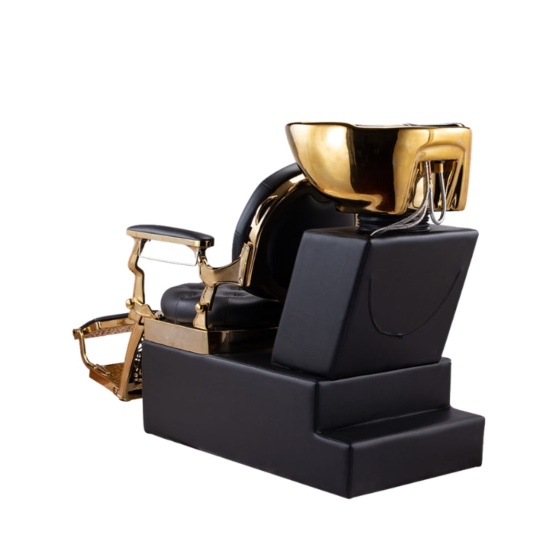 Rear view of the Karma King Valley shampoo unit showing the sturdy black base and gold basin attachment