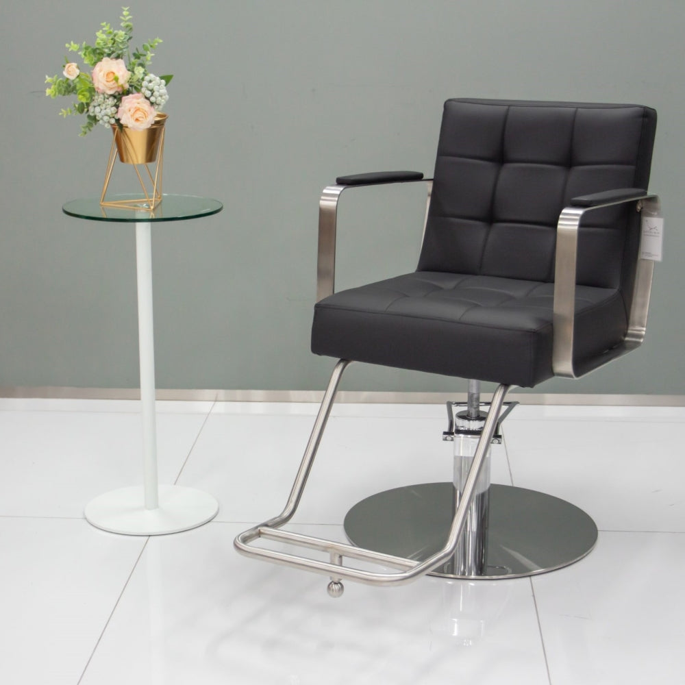 Angled view of the Karma Lithgow professional styling chair suitable for Australian hair salons