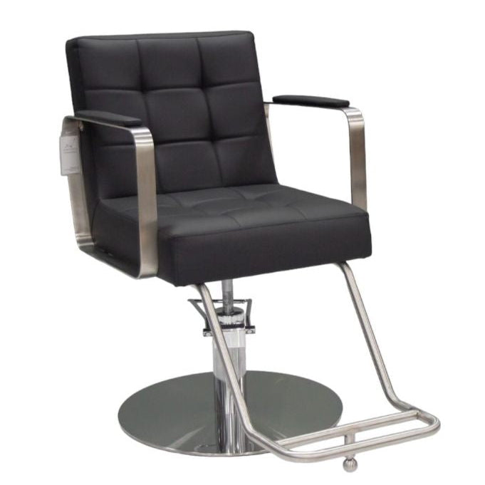 Karma Lithgow professional salon chair in black vinyl with polished chrome base and footrest