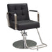 Karma Lithgow professional salon chair in black vinyl with polished chrome base and footrest
