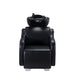 Front view of the Karma Mortlake professional shampoo chair with black antimicrobial vinyl and deep ceramic basin