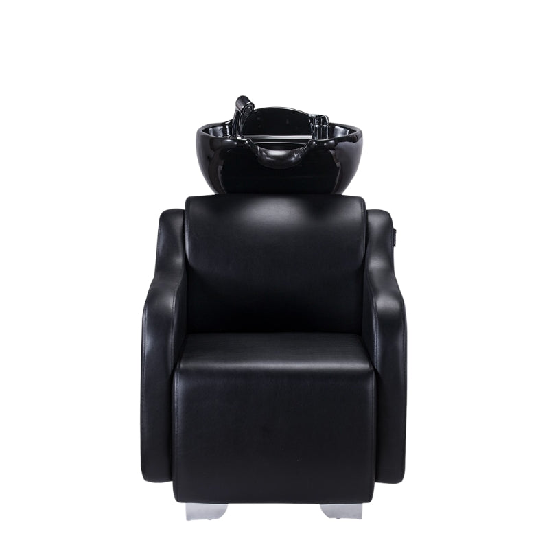 Front view of the Karma Mortlake professional shampoo chair with black antimicrobial vinyl and deep ceramic basin