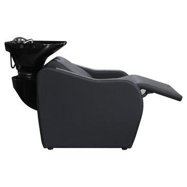 Side profile of the Karma Mosman shampoo unit showing the electric reclining function and extended leg rest