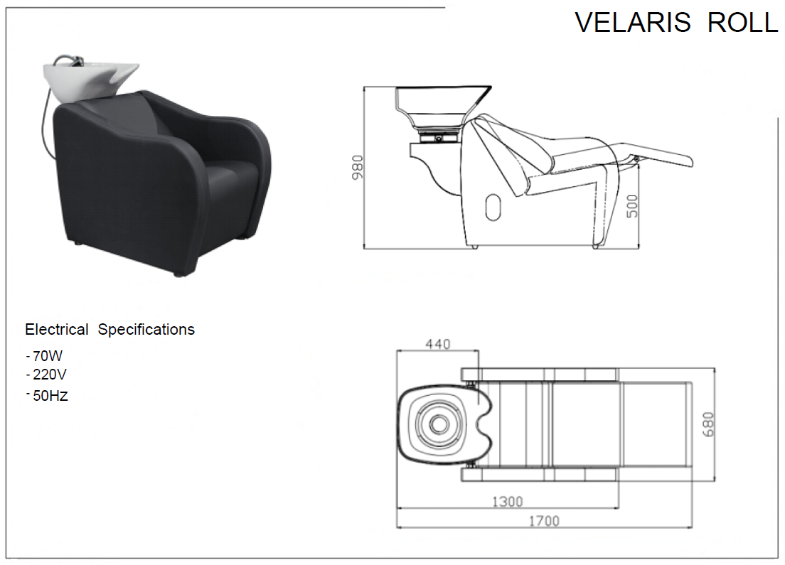 Technical specification diagram showing the height, width, and length dimensions of the Karma Mosman shampoo basin unit