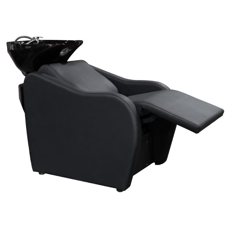 Karma Mosman professional black shampoo basin unit with electric reclining leg rest and Shiatsu massage for hair salons