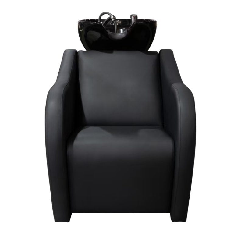 Front view of the Karma Mosman professional salon chair and basin featuring deep padded seating and antimicrobial vinyl