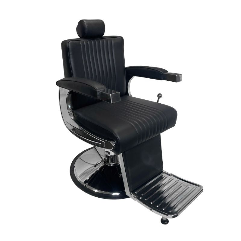 Angled view of the Karma Mt Isa barber chair showing the stitched vinyl upholstery