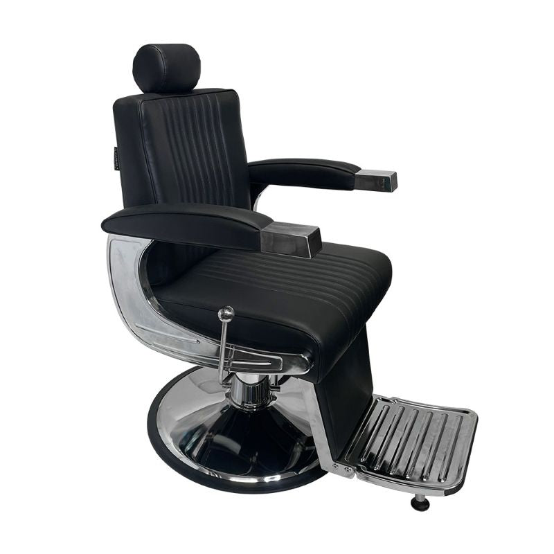Karma Mt Isa professional black barber chair with reclining lever and chrome base