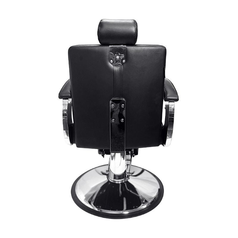 Rear view of the Karma Mt Isa barber chair showing the headrest adjustment and chrome accents