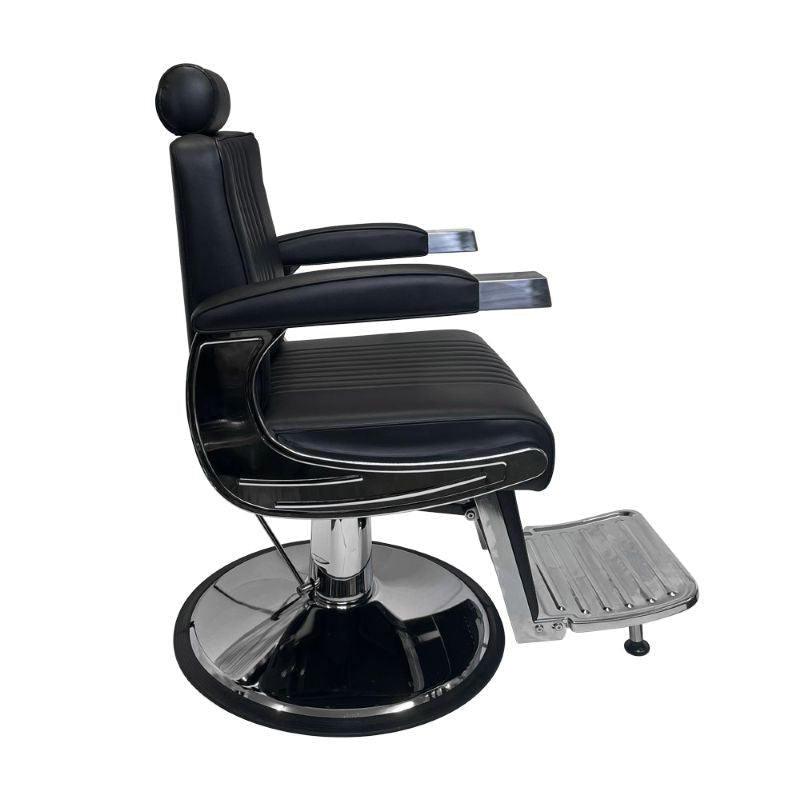 Side profile of the Karma Mt Isa barber chair showing the heavy duty hydraulic pump and footrest