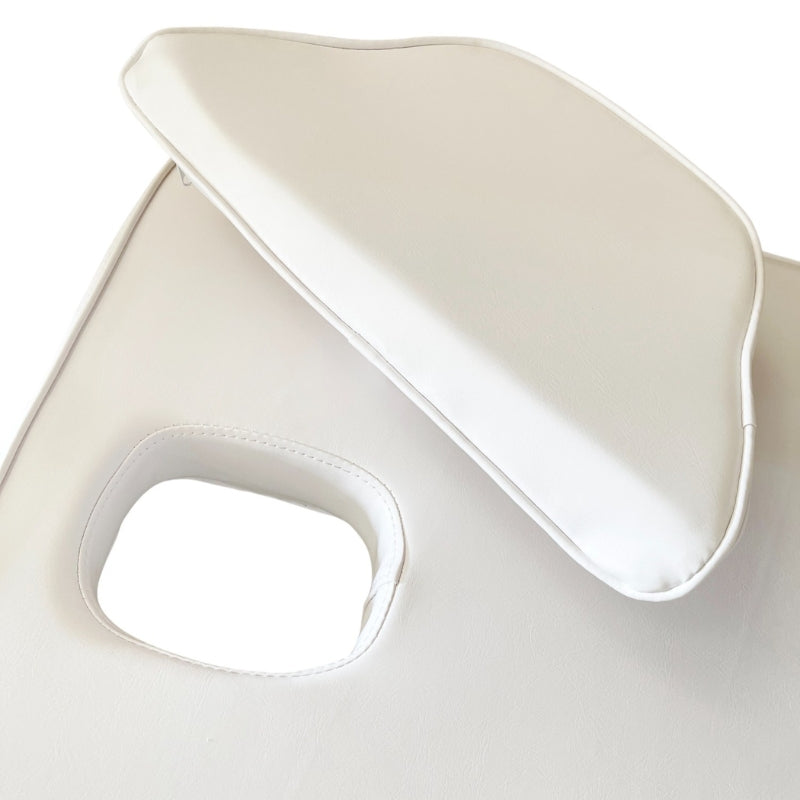 Close up of the face hole and antimicrobial white vinyl on the Karma Napier massage bed