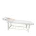 White Karma Napier beauty bed featuring an adjustable backrest and lower storage shelf