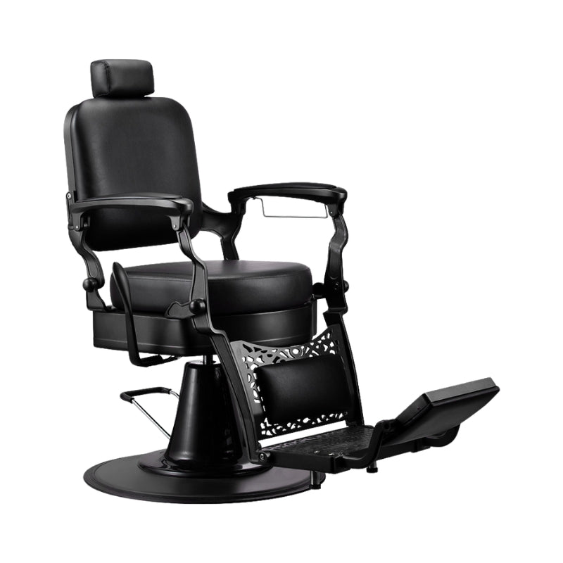 Front view of the black on black Karma Noosa barber chair for Australian barbers