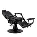 All black professional barber chair in a reclined position for shaving