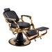 Angled view of black and gold professional reclining barber chair for upscale salons