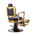 Rear view of Karma Noosa barber chair highlighting the gold hydraulic base and frame
