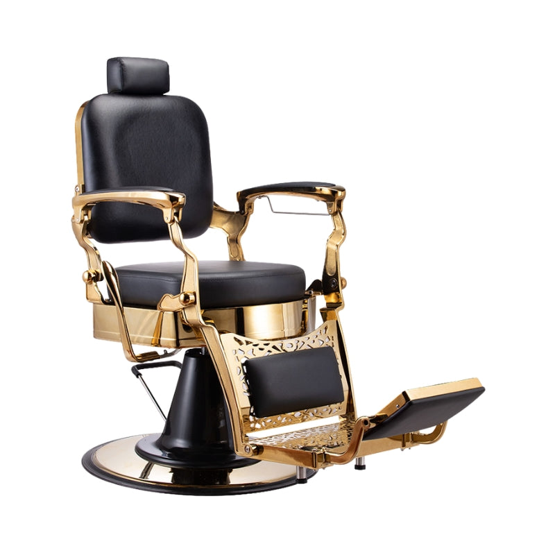 Luxury black and gold Karma Noosa barber chair with ornate gold metal frame
