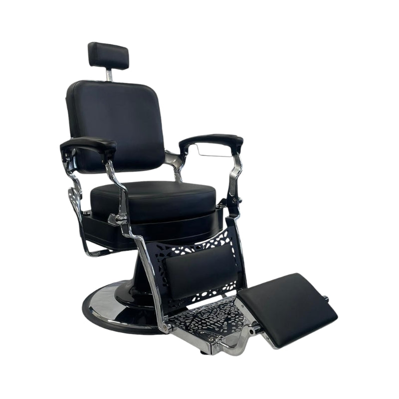 All black Karma Noosa barber chair with matte black metal accents and headrest