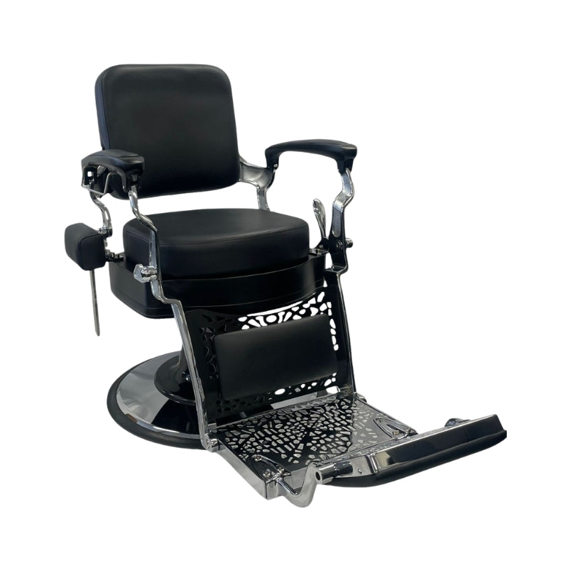 Professional black barber chair shown without headrest for hair cutting services